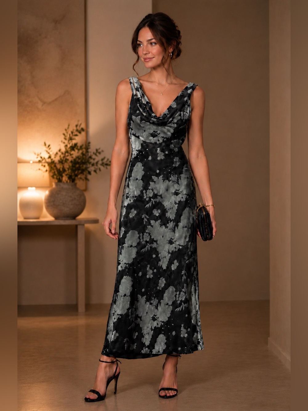 Zara Black & Gray Floral Satin Midi/Maxi Dress | Elegant Cowl Neck